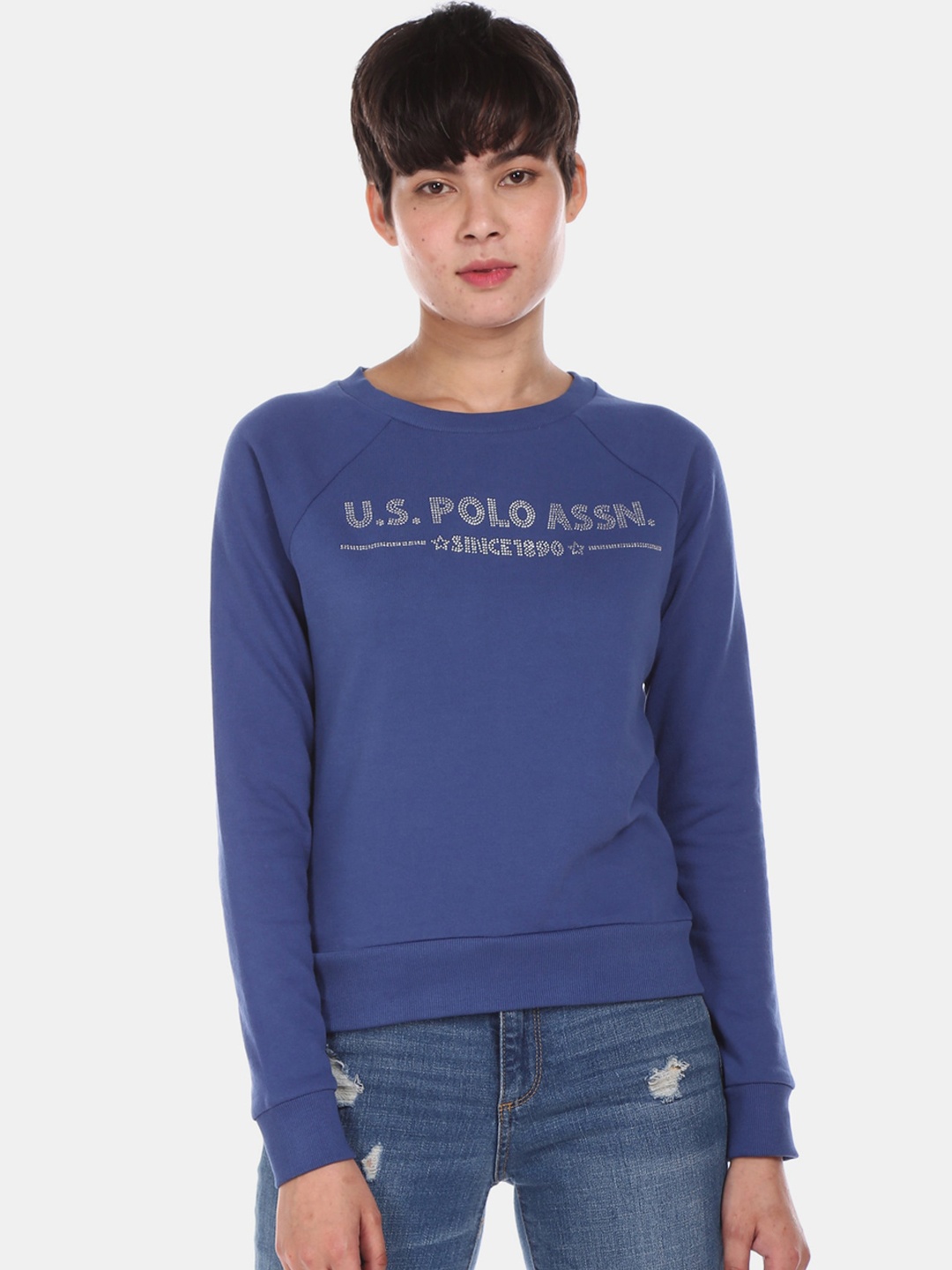 U S Polo Assn Women Blue Printed Sweatshirt