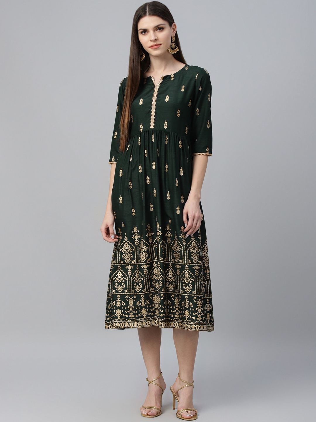 

Libas Green Ethnic Motifs A-Line Midi Dress
