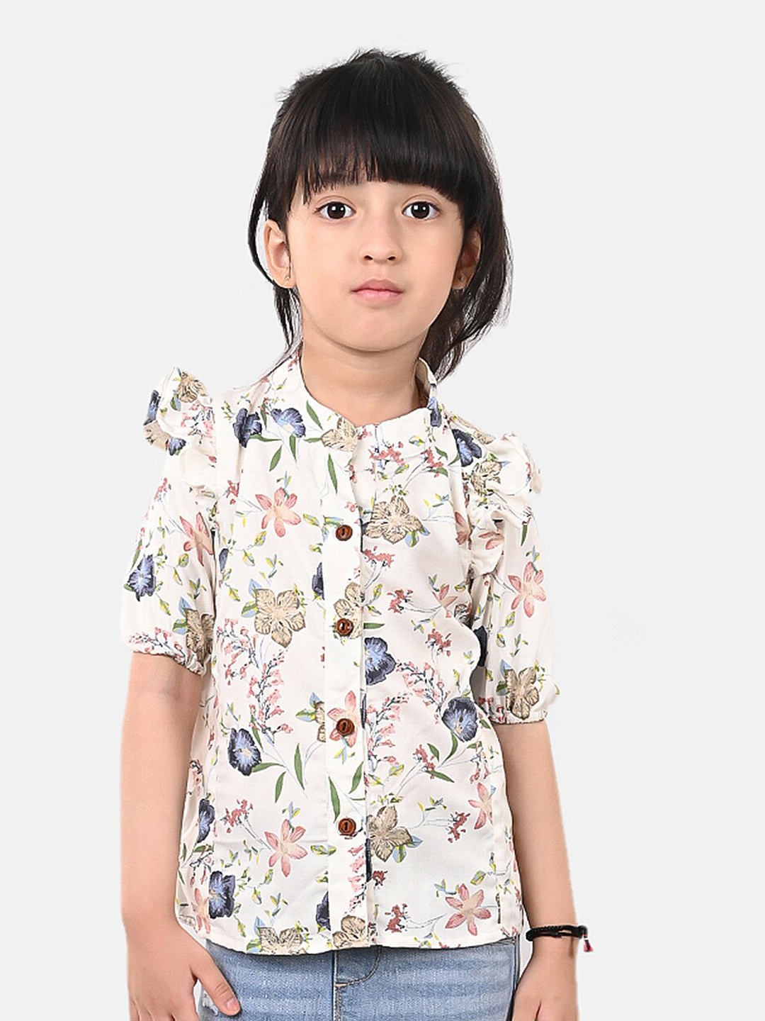 

ESME Off White Floral Mandarin Collar Ruffles Shirt Style Top
