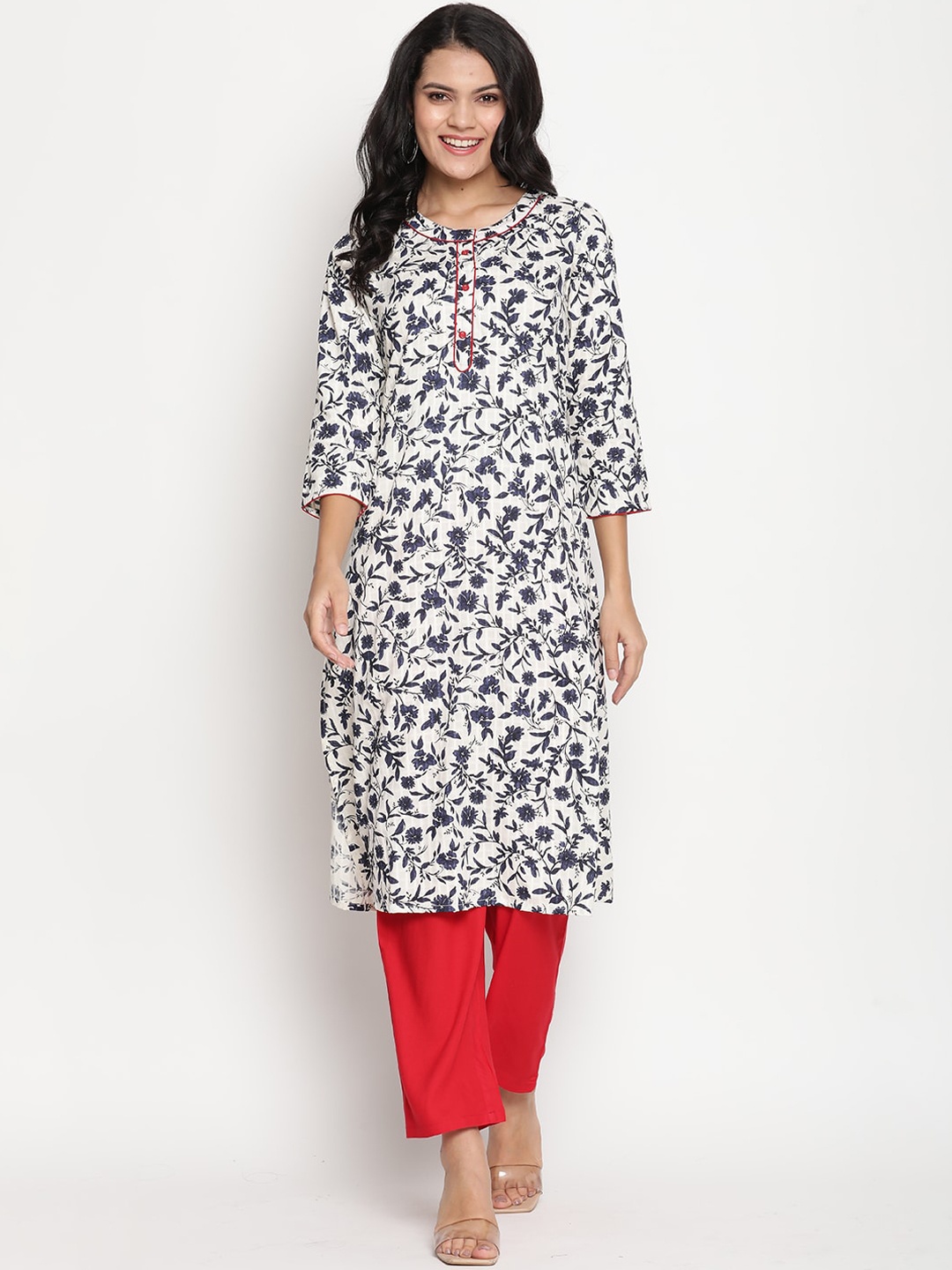 

Be Indi Women Mandarin Collar Floral Straight Side Slits Regular Kurta, White