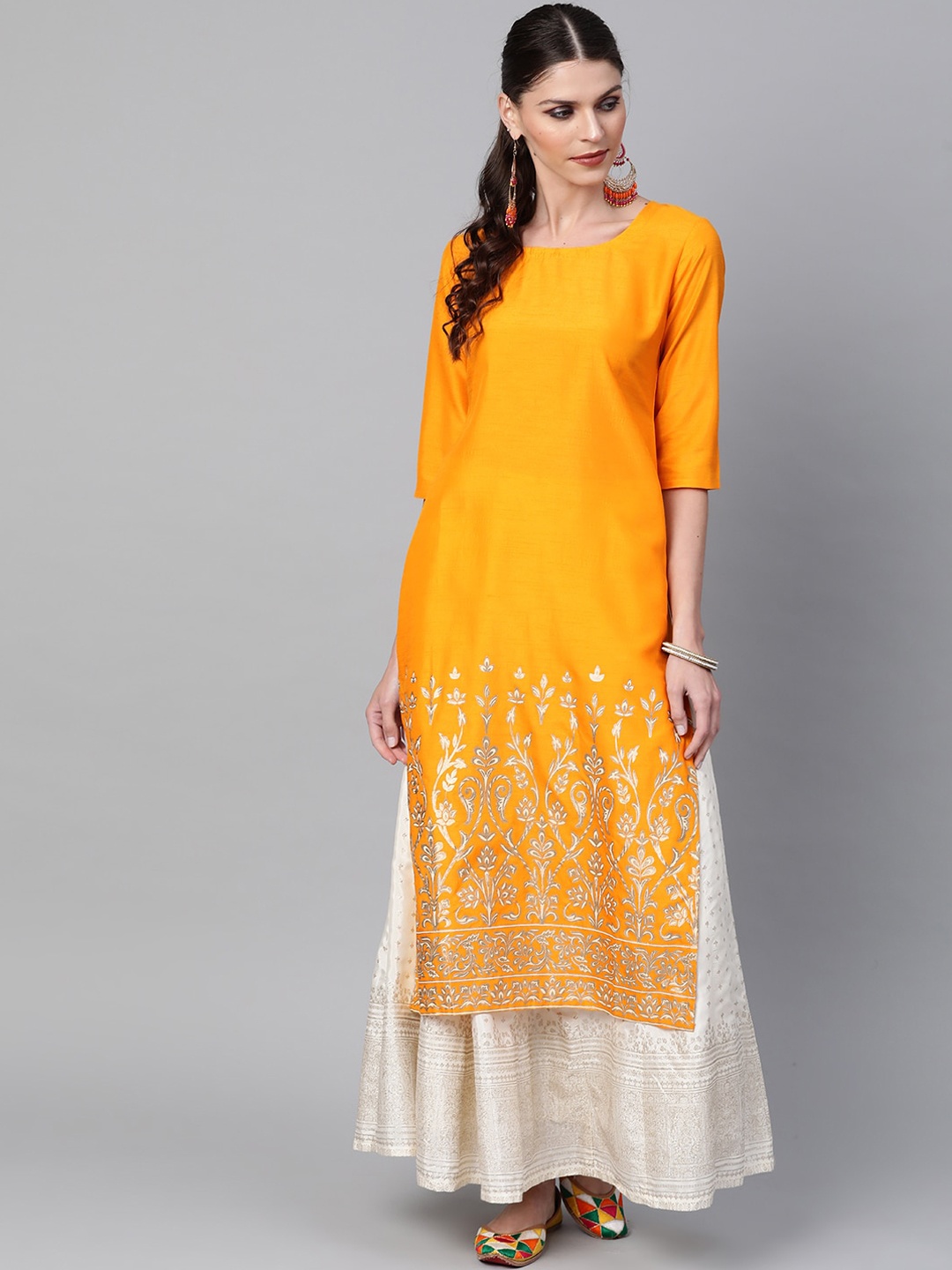 

Libas Women Yellow Geometric Yoke Design Mirror Work Kurta