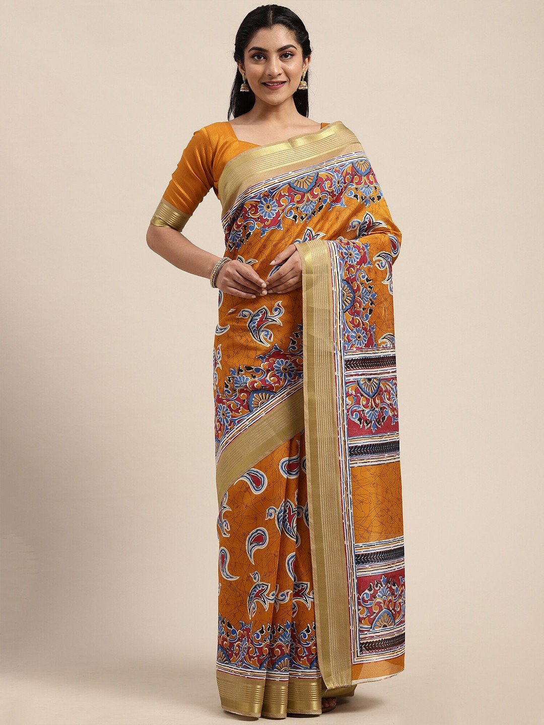 

Saree mall Mustard & Blue Kalamkari Art Silk Sarees
