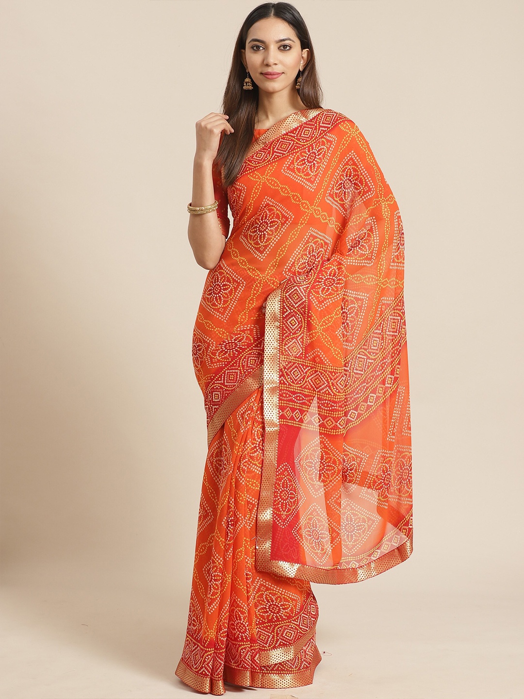 

Saree mall Orange & Yellow Bandhani Zari Bandhani Sarees