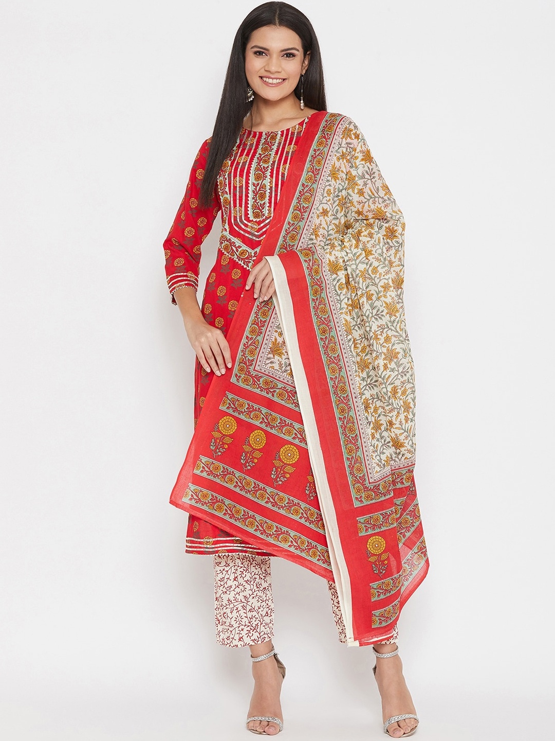 

Prakhya Women Red Floral Printed Kurta with Trousers & With Dupatta