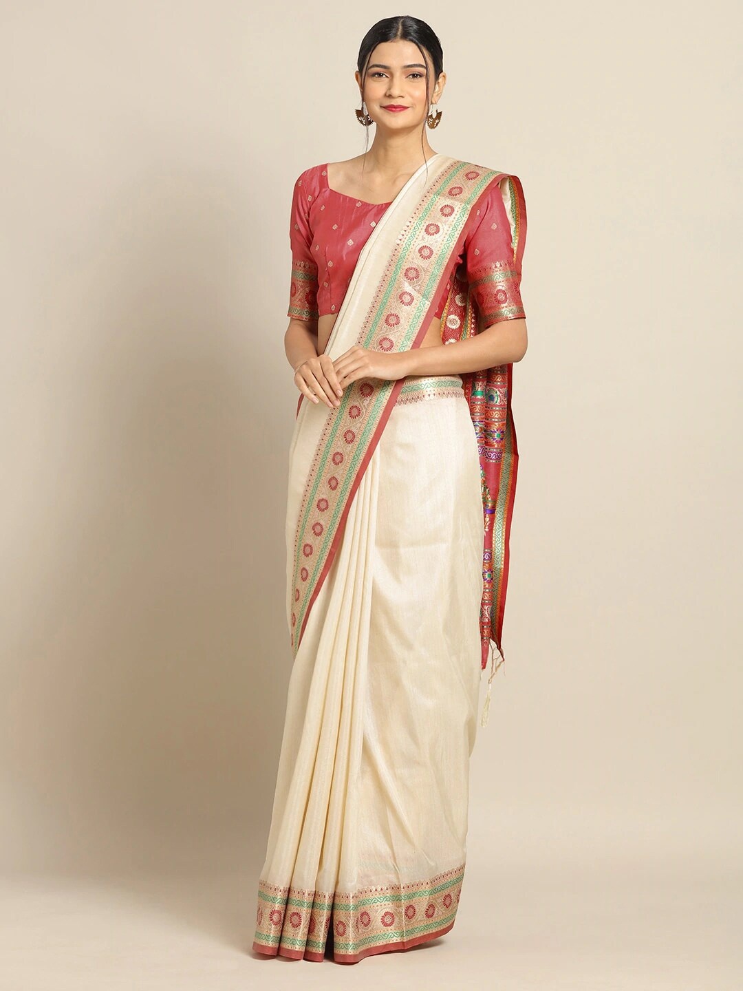 

Saree mall Cream Silk Blend Banarasi Sarees