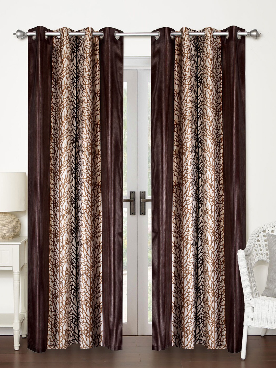 Home Sizzler Brown & Beige Set of 2 Floral Long Door Curtains