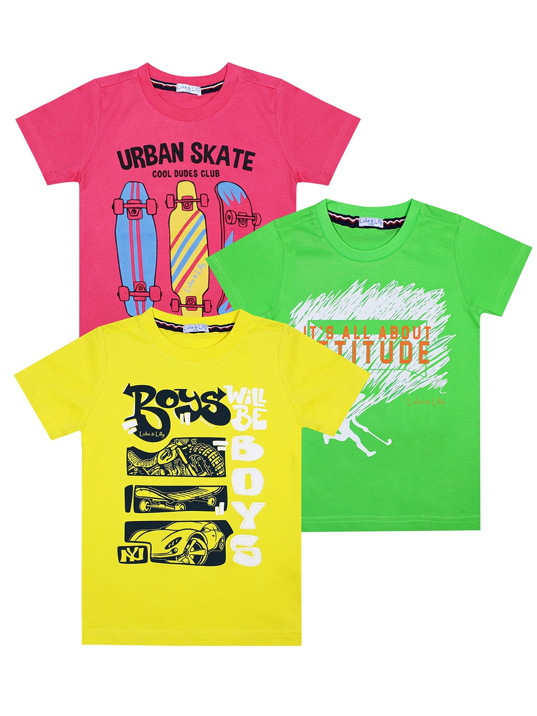 

Luke & Lilly Boys Pack Of 3 Printed Cotton T-shirts, Pink