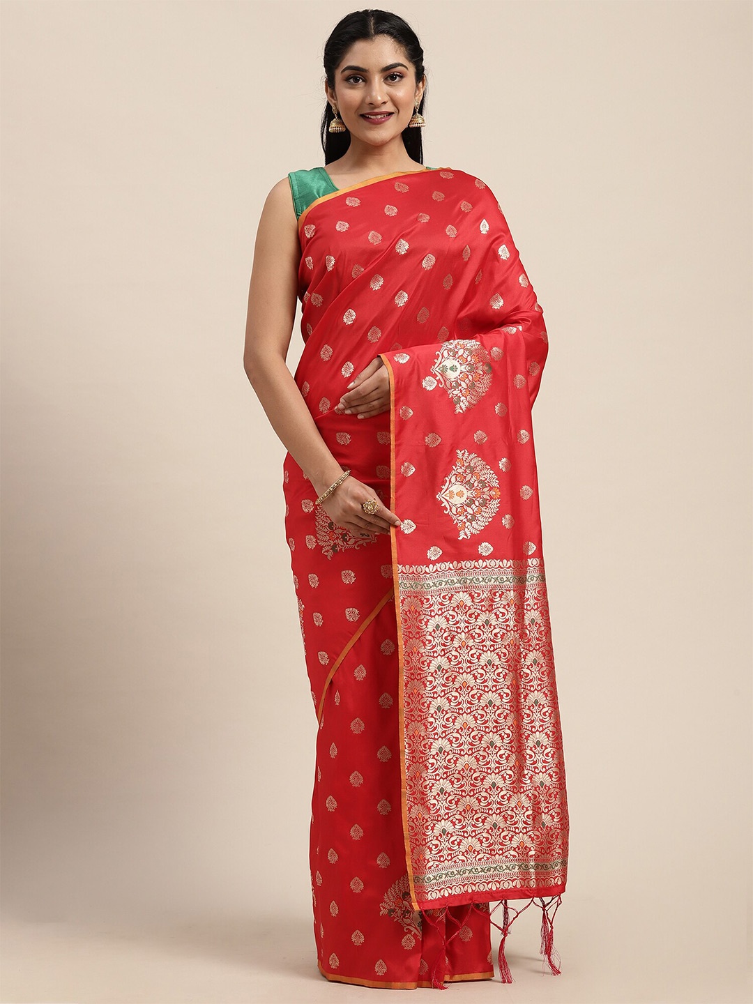 

Saree mall Red & Gold-Toned Ethnic Motifs Zari Silk Blend Banarasi Sarees