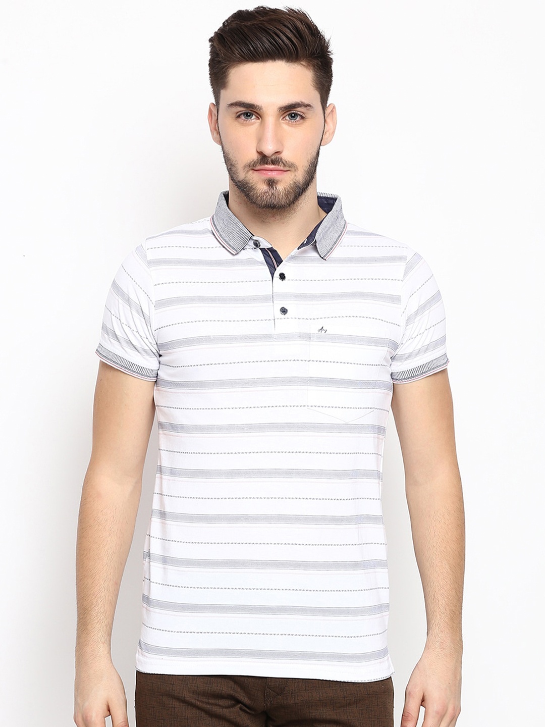 

V2 Value Variety Men White Grey Striped Polo Collar Pure Cotton T-shirt