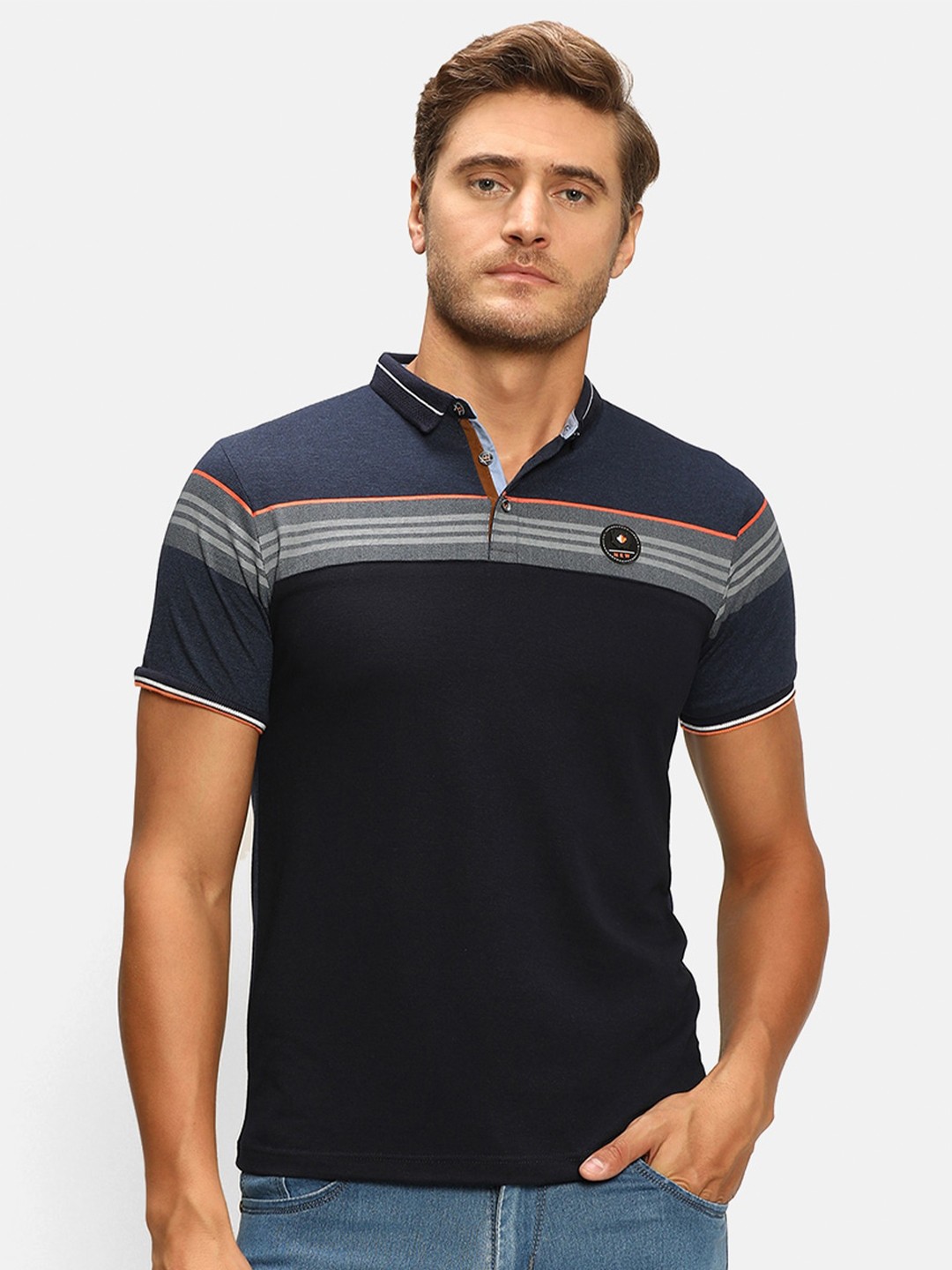 

V2 Value Variety Men Navy Blue Striped Polo Collar Applique Pure Cotton T-shirt