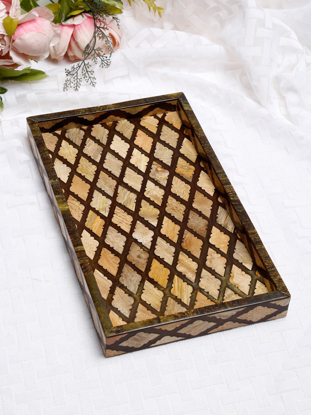 

Fabindia Brown Textured Rectangle Wooden Mohak Cladded And Inlay Decor Tray