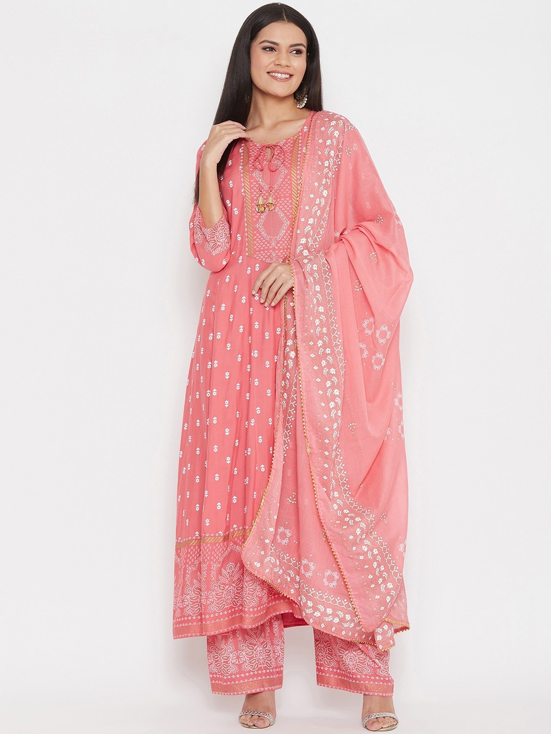 

Prakhya Women Pink Floral Printed Kurta with Palazzos & With Dupatta