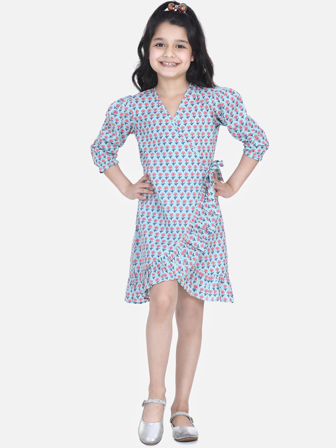 

LilPicks Girls Blue Floral Block Printed Wrap Dress