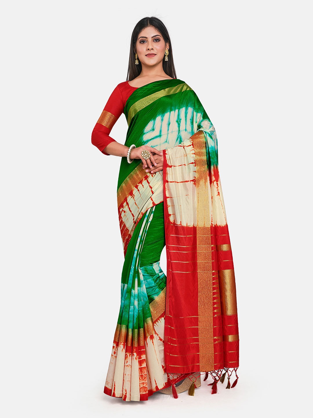 

MIMOSA Green & Red Tie and Dye Art Silk Banarasi Saree