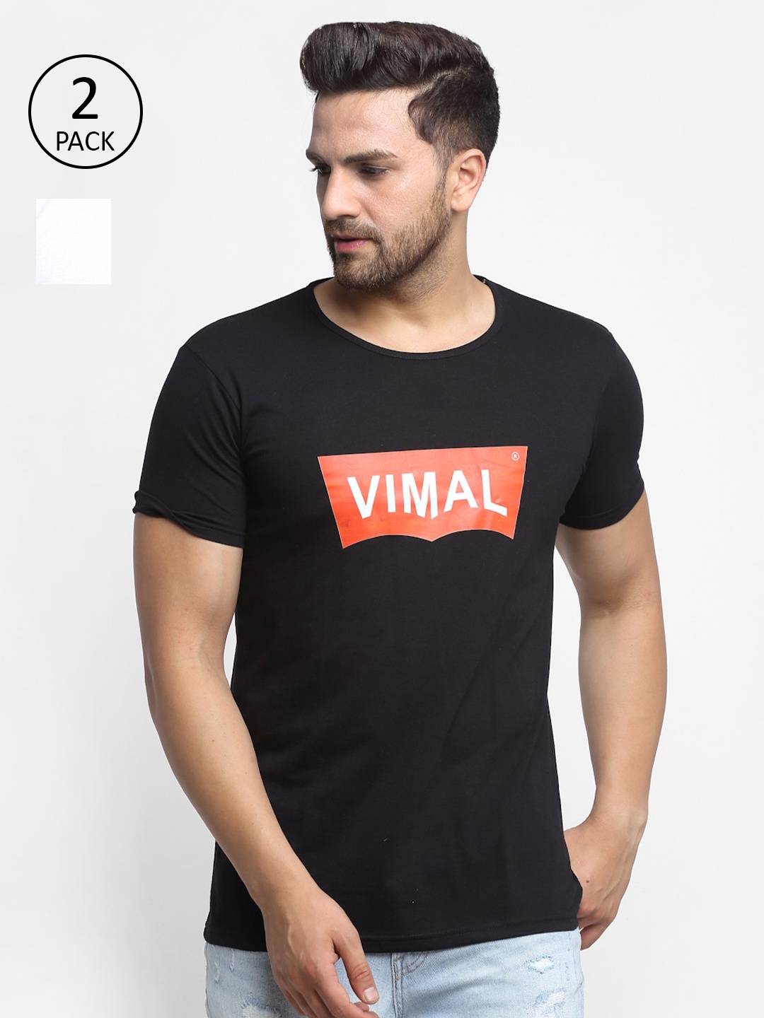 

MACK JONNEY Men Pack of 2 Black & White Typography Printed T-shirt