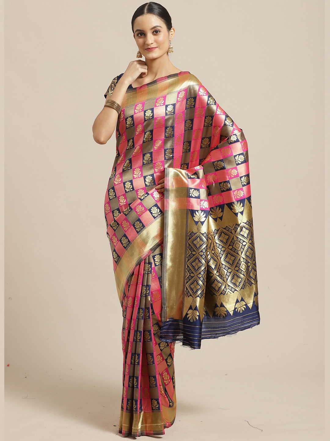 

Saree mall Navy Blue & Pink Ethnic Motifs Zari Silk Blend Banarasi Sarees