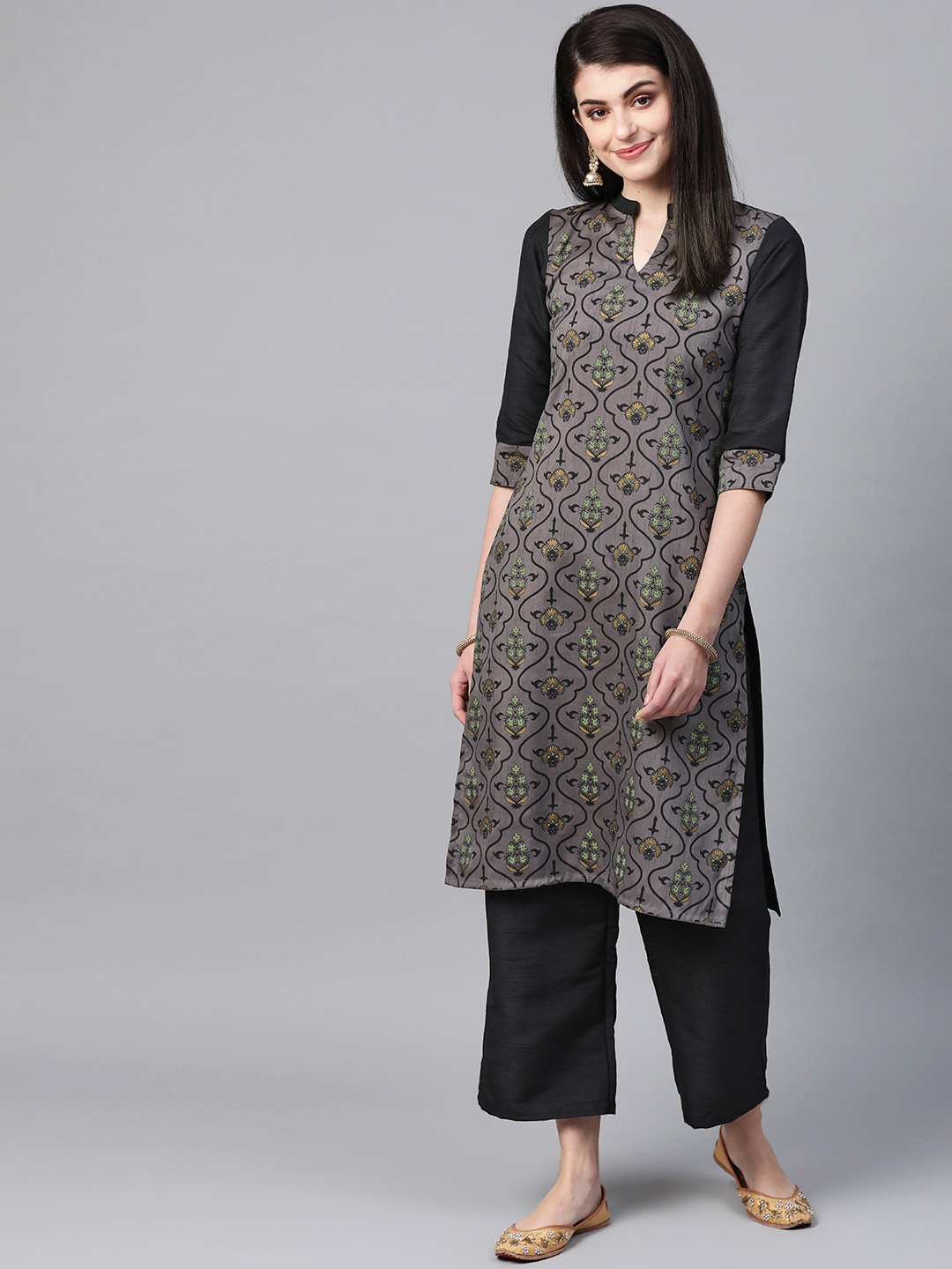 

ZIYAA Women Grey Ethnic Motifs Printed Panelled Kurta with Trousers