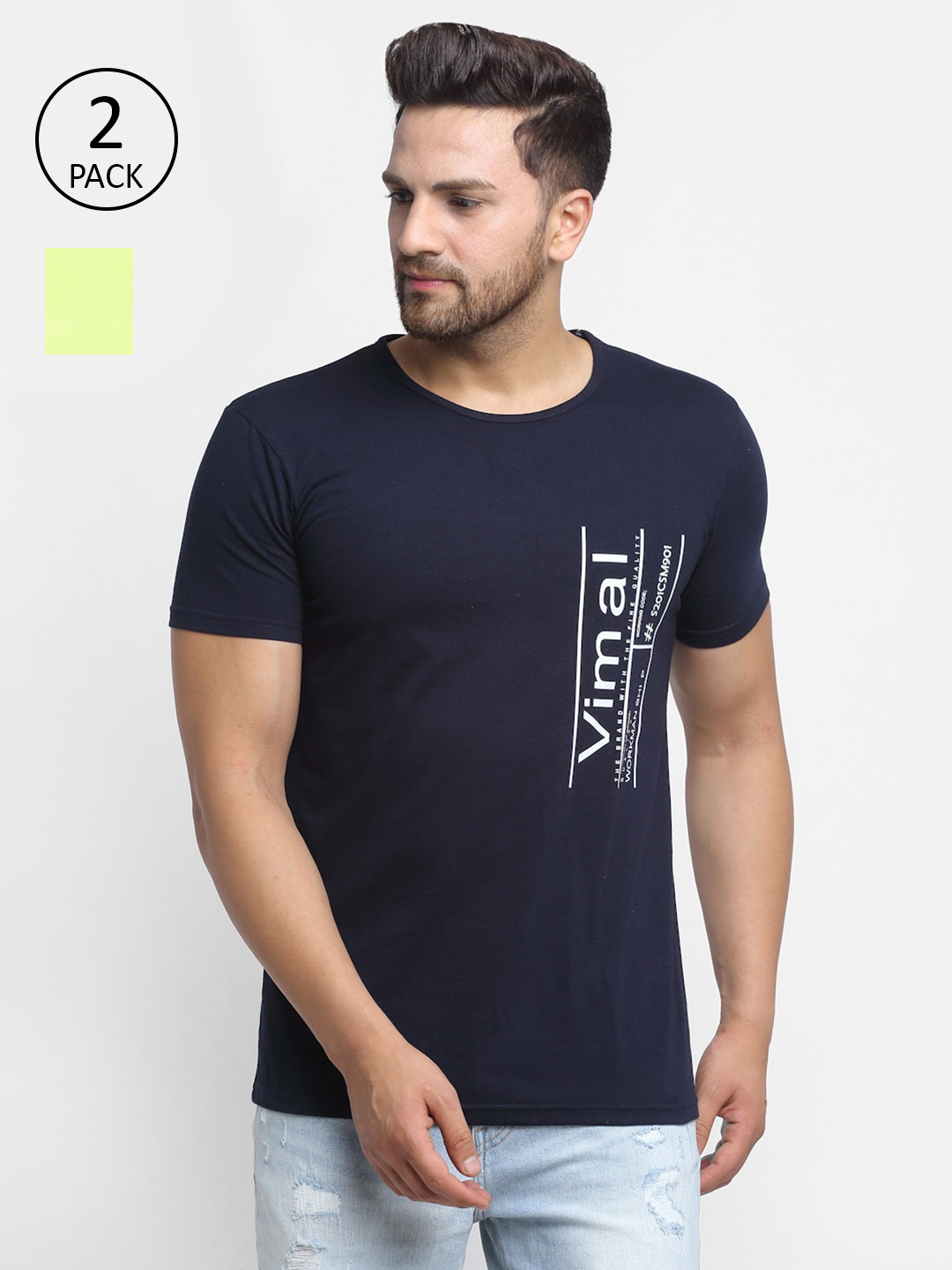 

VIMAL JONNEY Men Set of 2 Typography Printed Applique T-shirt, Navy blue