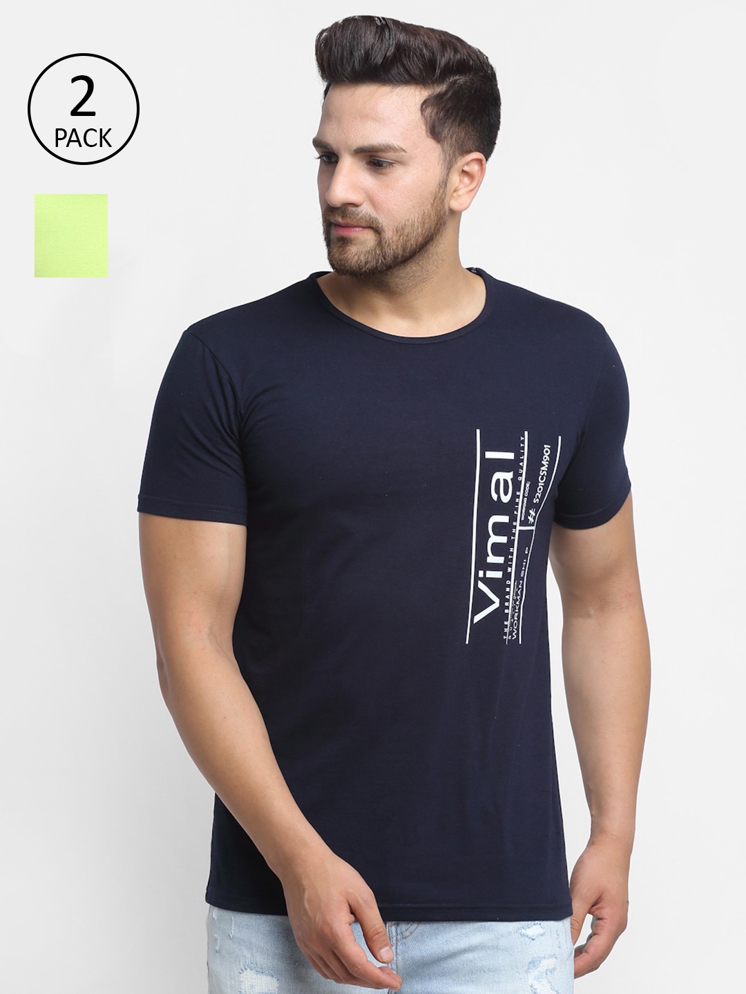 

VIMAL JONNEY Pack of 2 Men Navy Blue & Green Typography Printed Applique T-shirt