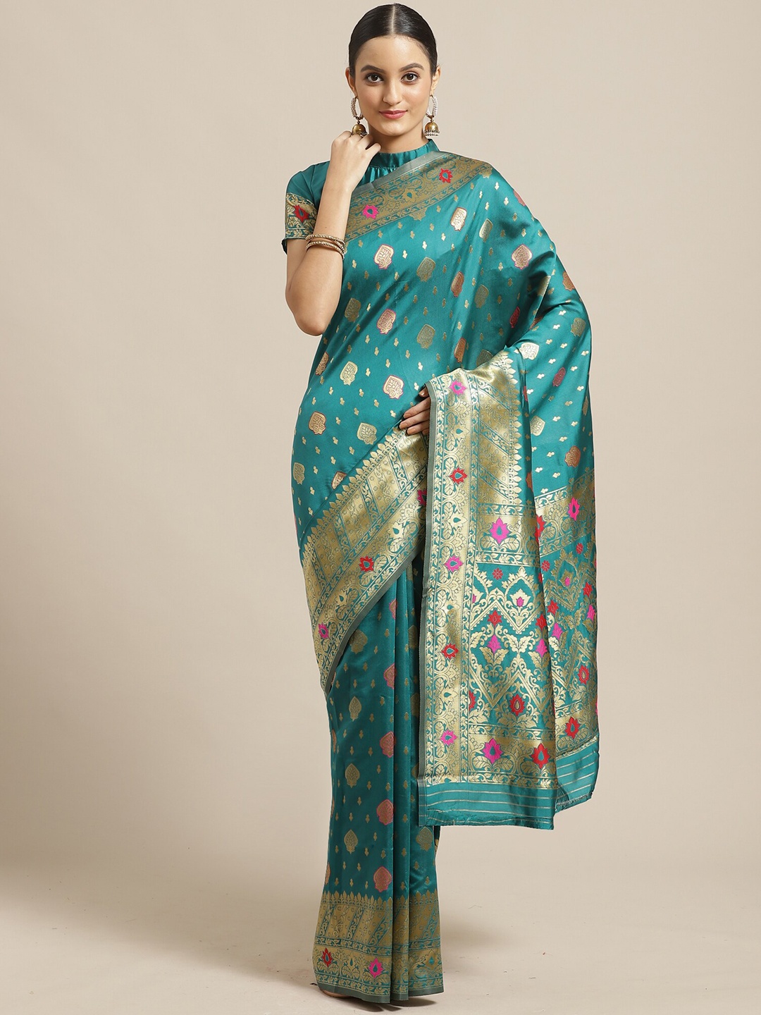 

Saree mall Teal Ethnic Motifs Zari Silk Blend Banarasi Sarees