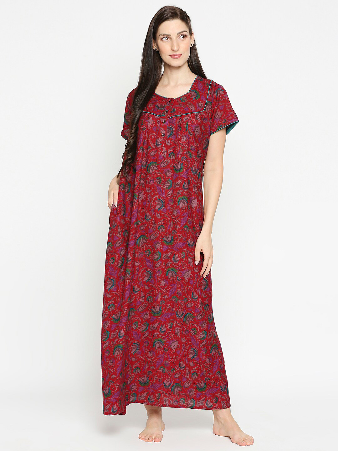 

Pretty Awesome Red & Purple Floral Printed Maxi Nightdress