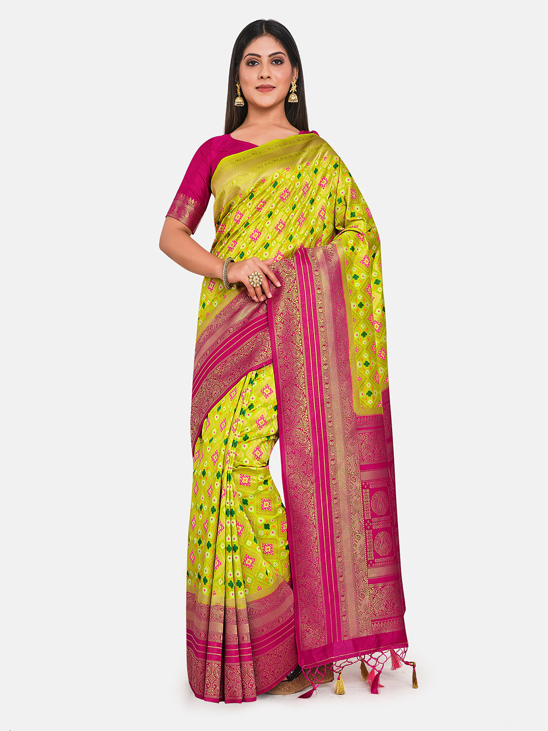 

MIMOSA Lime Green & Pink Woven Design Zari Art Silk Patola Saree