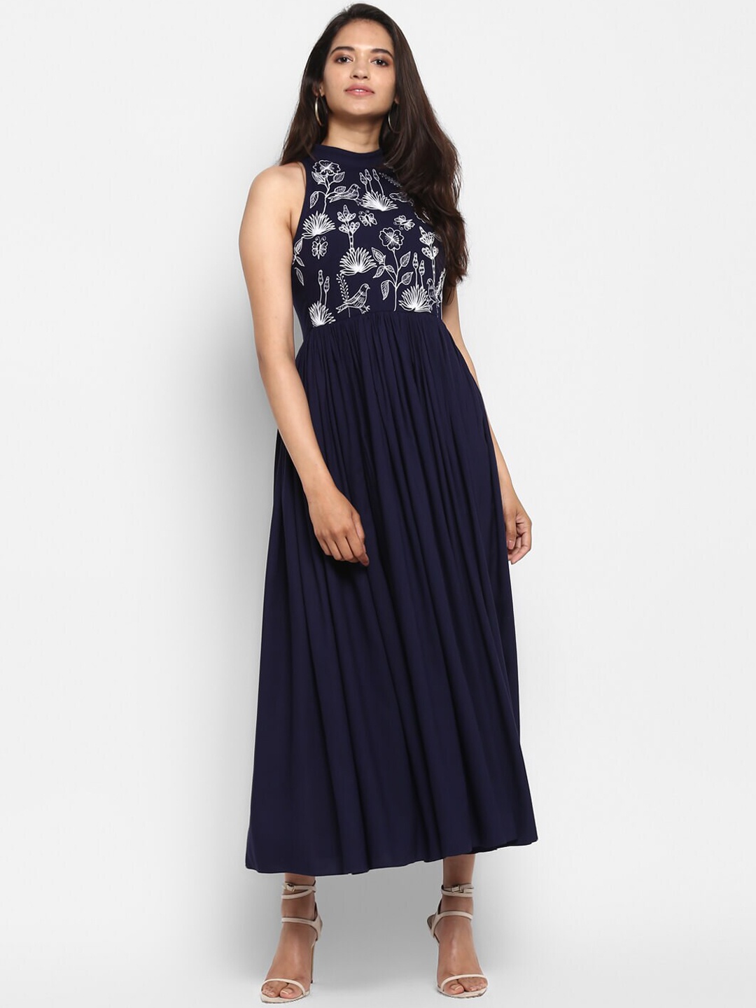

DEEBACO Navy Blue Floral Embroider, Viscose Rayon Maxi Dress