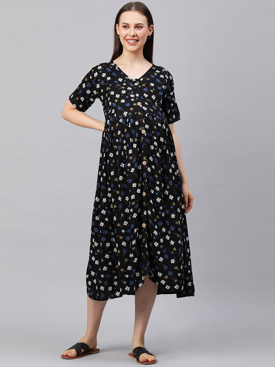 

MomToBe Women Black Tie-Up Neck A-Line Midi Maternity Nursing Dress