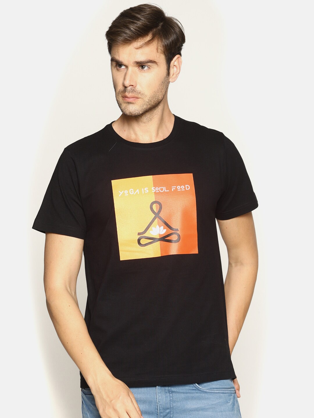 

OBOW Men Black Printed Pure Cotton T-shirt