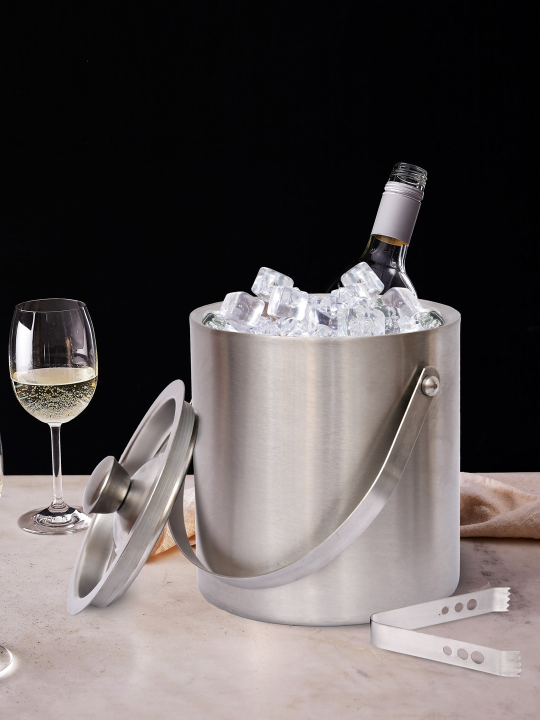 

Clasiko Silver-Toned Solid Stainless Steel Double Wall Insulated Ice Bucket With Tong