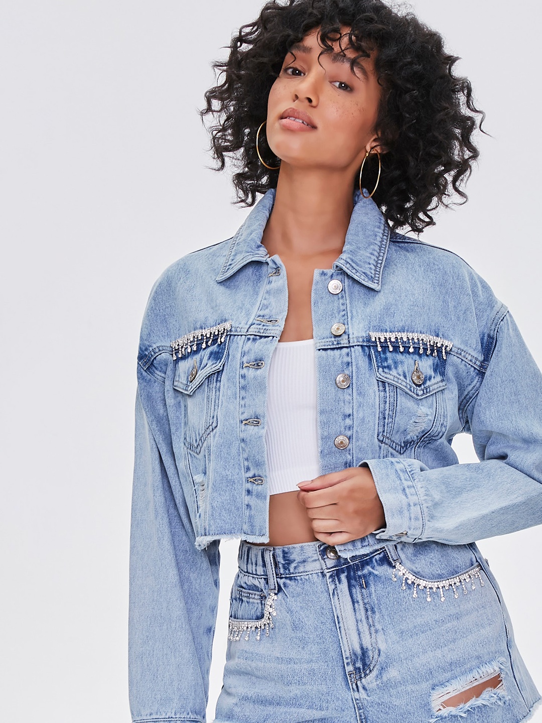 

FOREVER 21 Women Blue Crop Denim Jacket with Embroidered