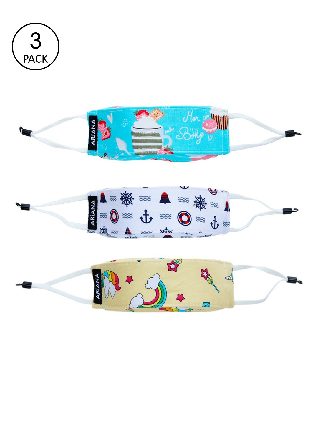 

Ariana Adult Kids Pack Of 3 7-Ply 3D Cotton Reusable Cloth Face Masks, Multi