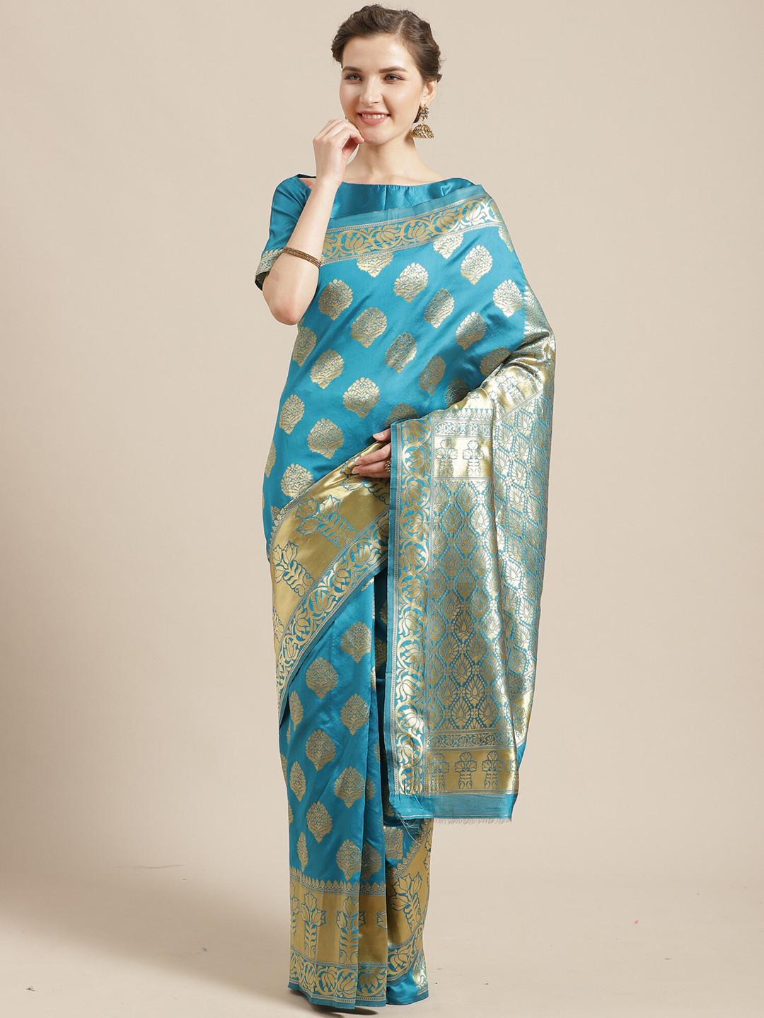 

Saree mall Blue & Gold-Toned Ethnic Motifs Zari Silk Blend Banarasi Sarees