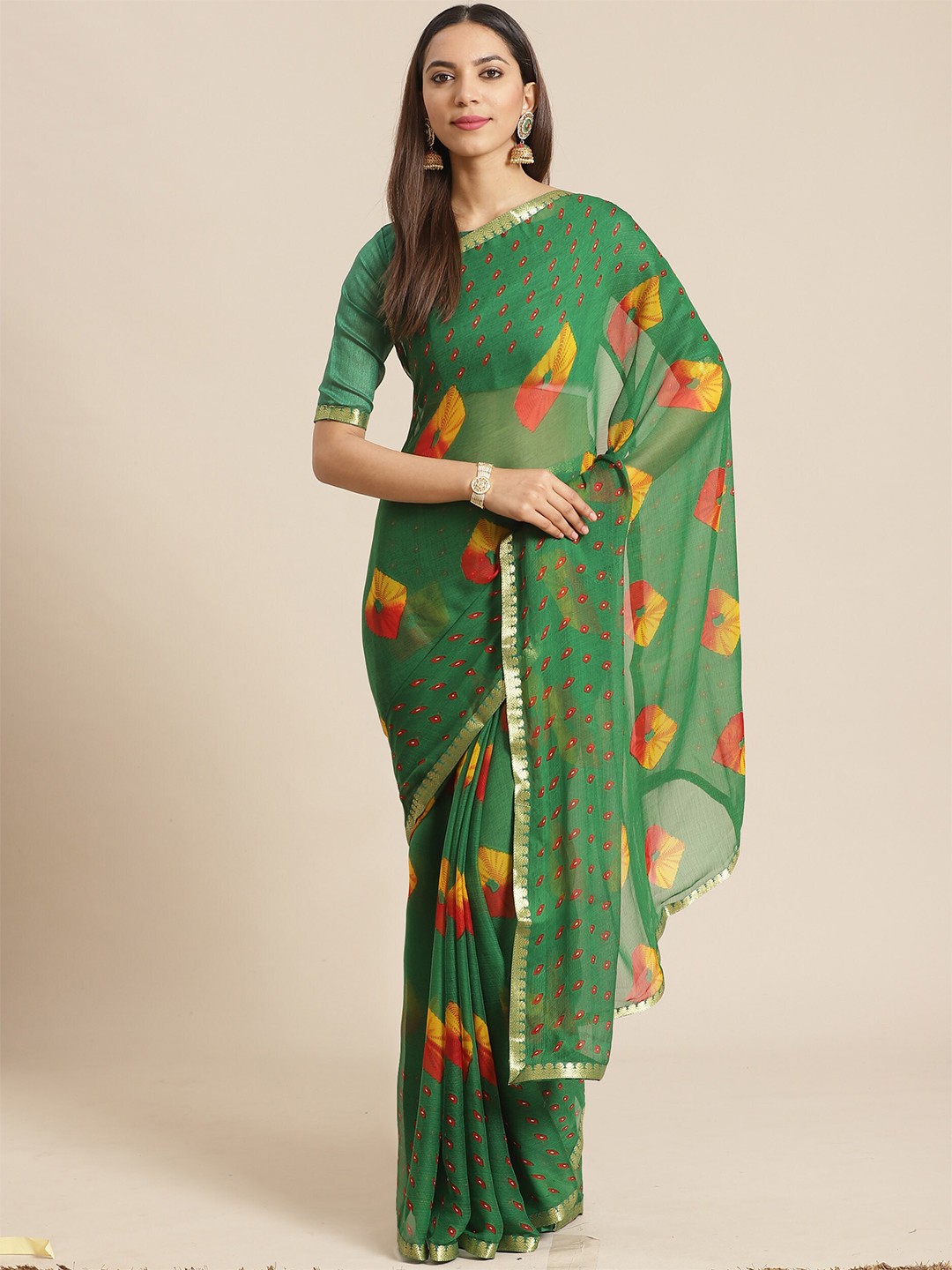 

Saree mall Green & Red Bandhani Zari Bandhani Sarees