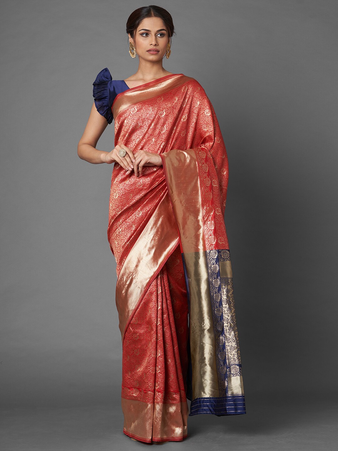 Saree mall Red & Navy Blue Woven Design Zari Silk Blend Banarasi Sarees