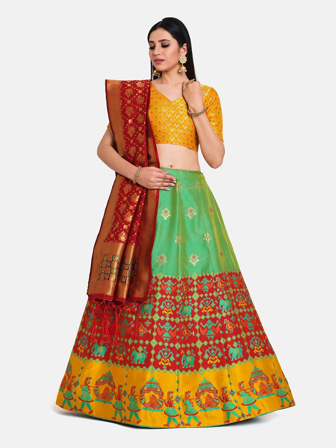 

MIMOSA Red & Green Semi-Stitched Lehenga & Blouse with Dupatta