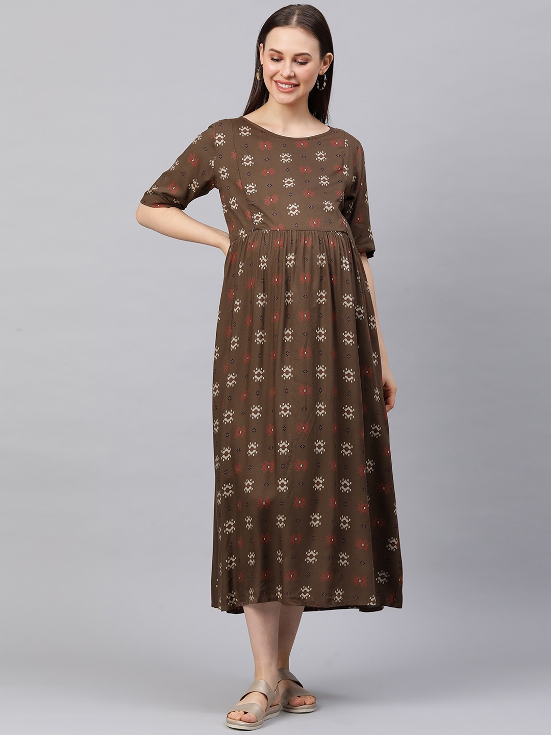 

MomToBe Brown Ethnic Motifs A-Line Midi Maternity Nursing Dress