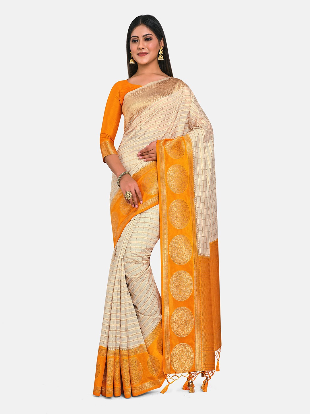 

MIMOSA Beige & Mustard Yellow Woven Design Zari Art Silk Kanjeevaram Saree