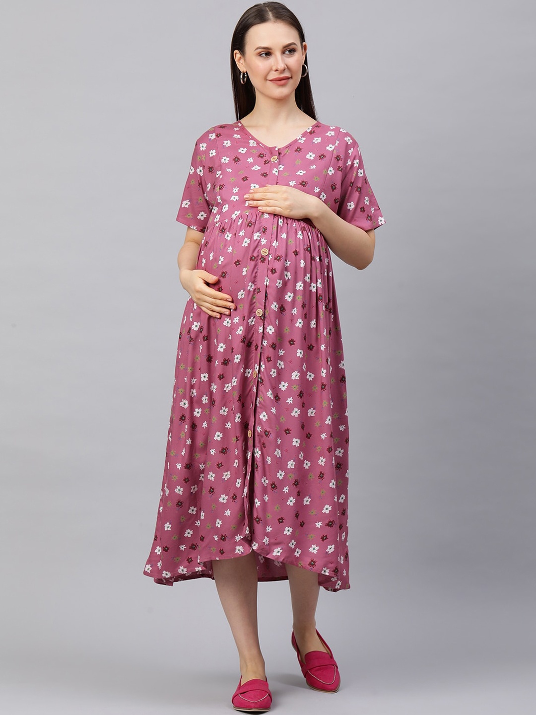 

MomToBe Mauve Floral Printed Maternity Nursing A-Line Midi Dress