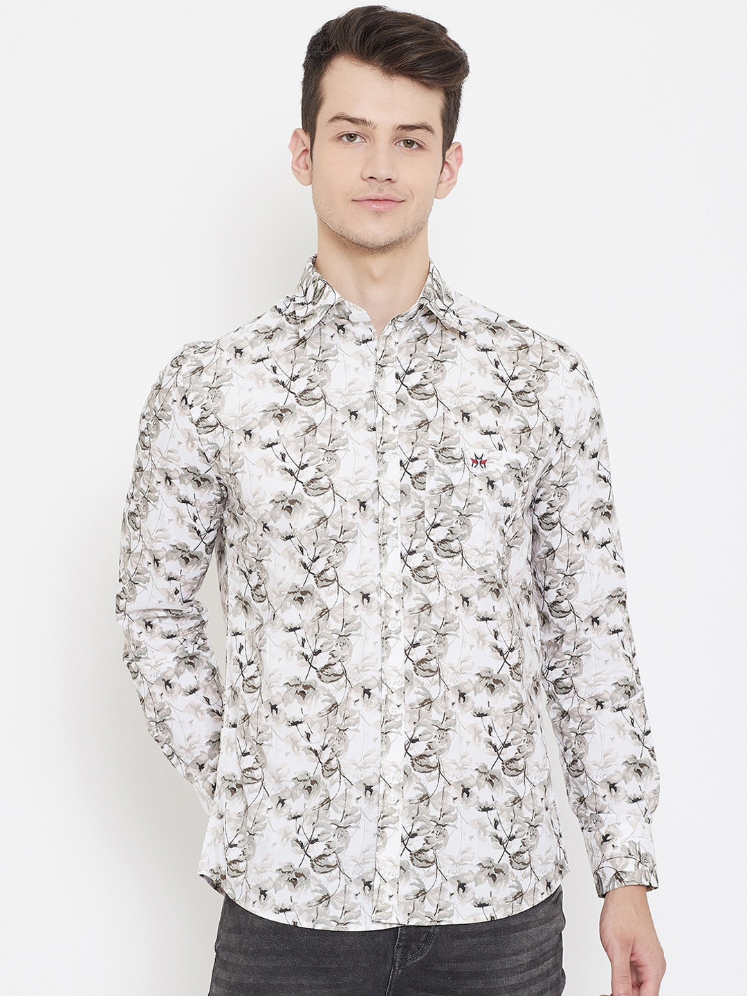 

Crimsoune Club Men Grey & White Slim Fit Floral Printed Casual Shirt