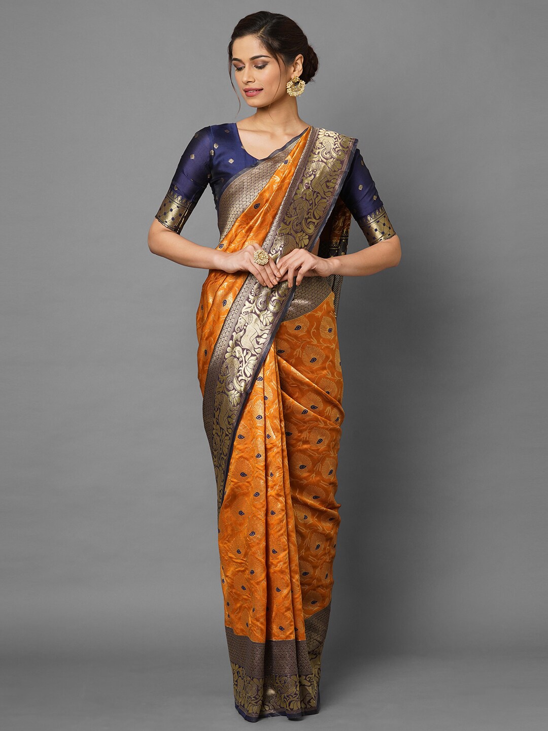 

Saree mall Mustard & Navy Blue Silk Blend Banarasi Sarees