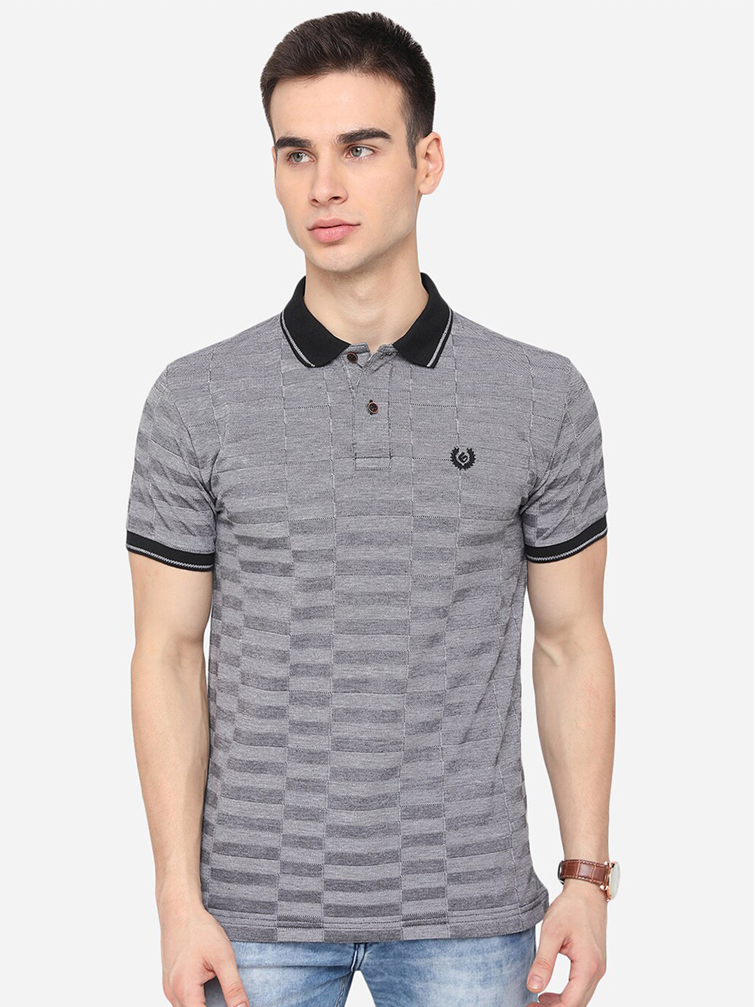 

Greenfibre Men Grey & Black Striped Polo Collar Slim Fit T-shirt