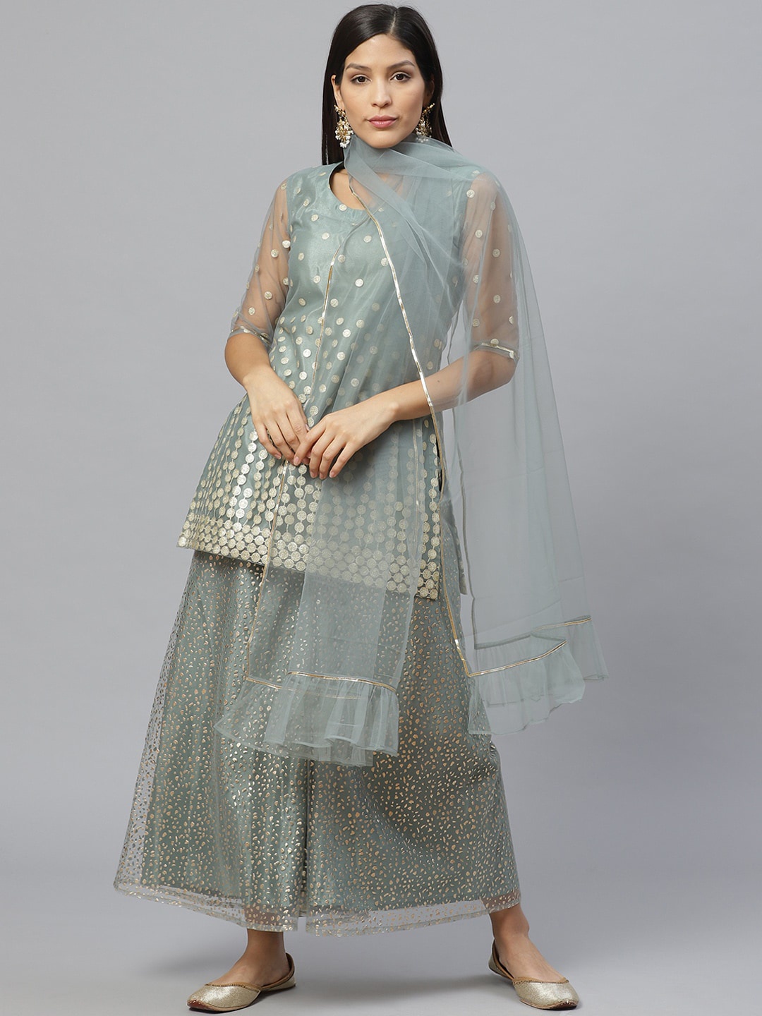 Libas Women Green Embroidered Short Kurti with Sharara & With Dupatta