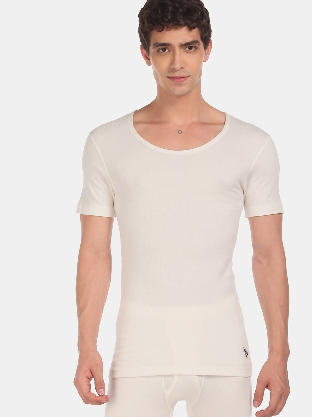 

U S Polo Assn Men White Ribbed Cotton Knitted Thermal T-Shirt