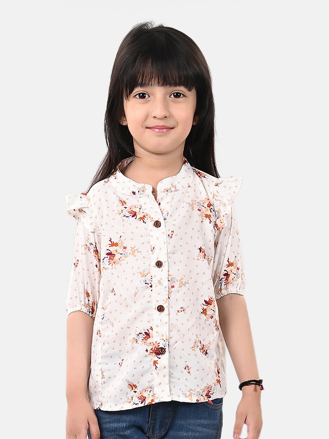 

ESME Girls White & Pink Floral Mandarin Collar Shirt Style Top