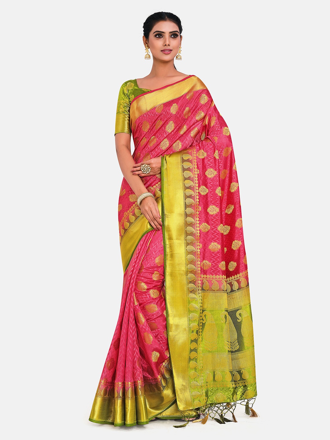 

MIMOSA Pink & Green Paisley Zari Art Silk Kanjeevaram Saree