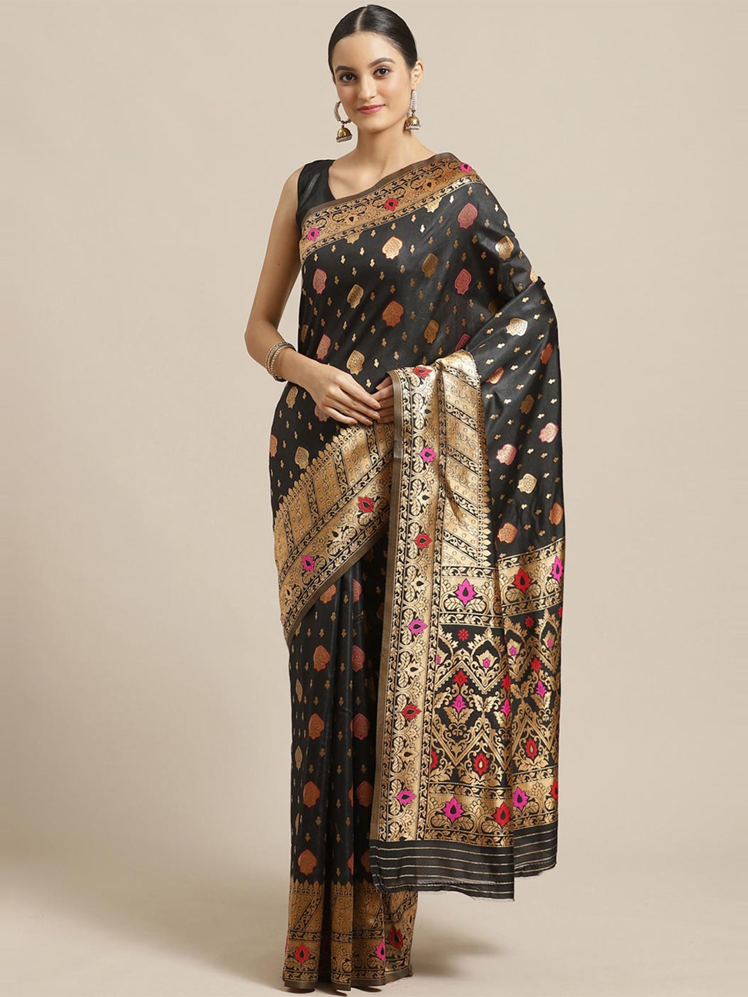 

Saree mall Black & Gold-Toned Ethnic Motifs Zari Silk Blend Banarasi Sarees