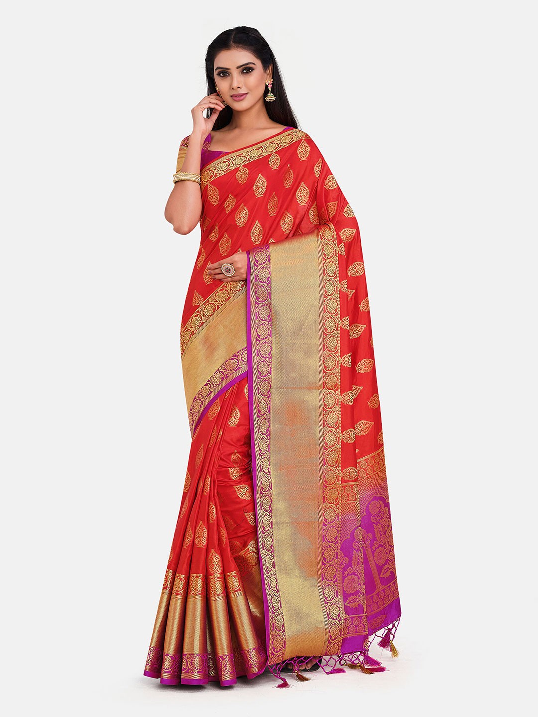 MIMOSA Red & Magenta Ethnic Motifs Zari Art Silk Kanjeevaram Saree