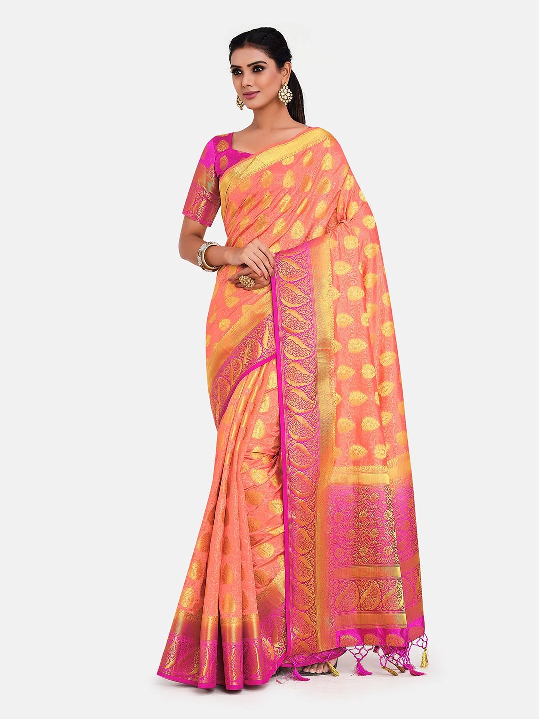 

MIMOSA Peach & Pink Woven Design Zari Art Silk Kanjeevaram Saree, Orange