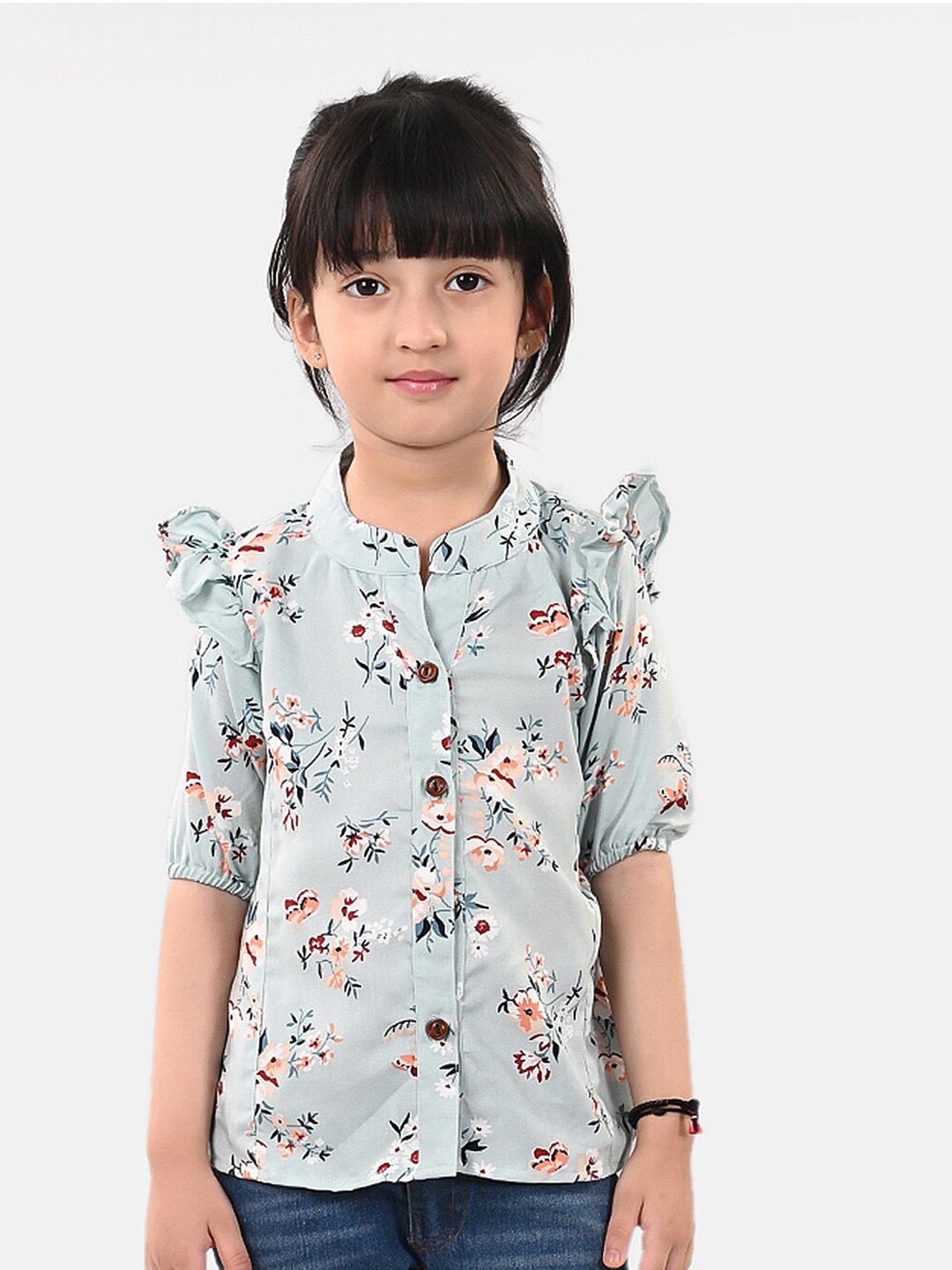 

ESME Green Floral Mandarin Collar Puff Sleeve Shirt Style Top